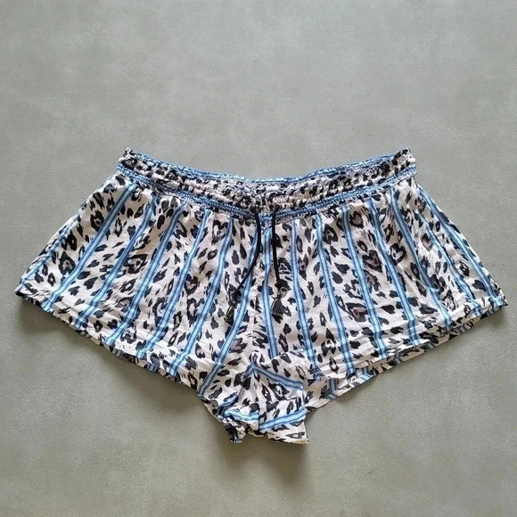 Victoria's Secret Pajama Bottom Sleep Short Pink Blue Leopard Drawstring Sz S - Picture 1 of 10